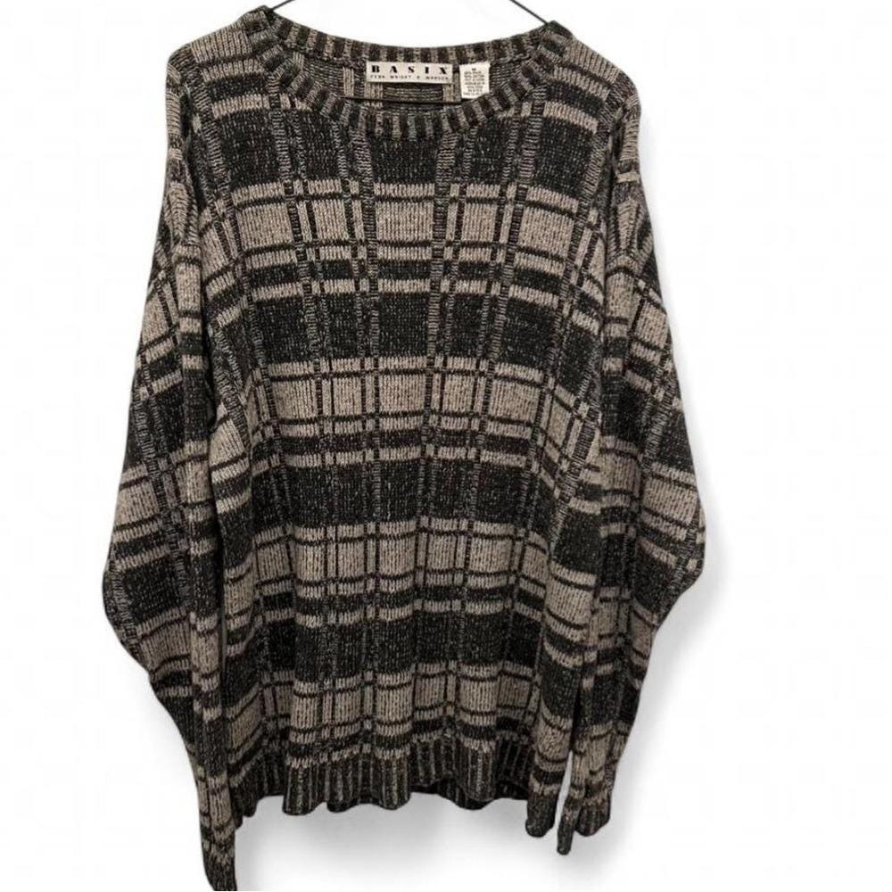 VTG Fisherman Knit Sweater Oversized Neutral Plaid BASIX M Grandpacore